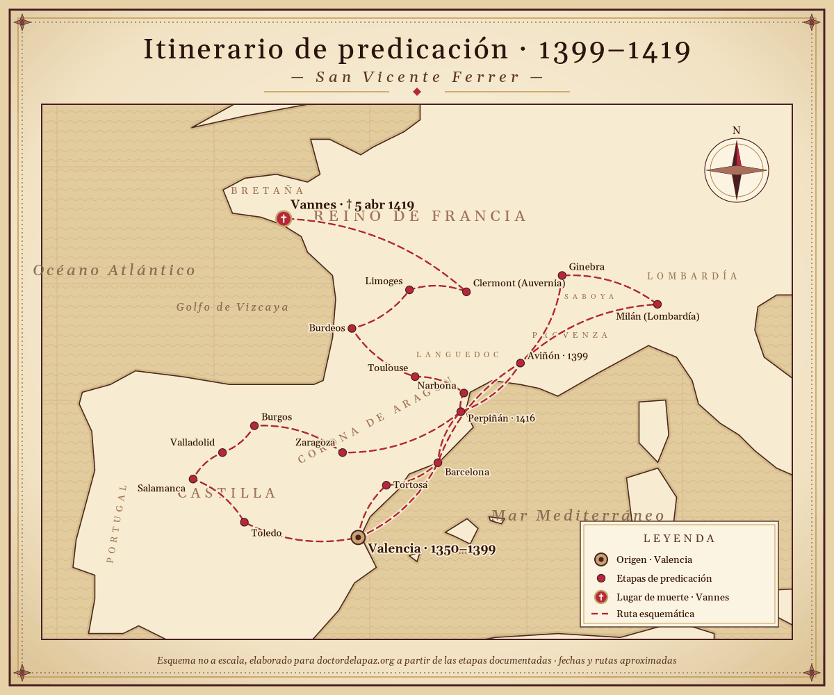Mapa esquemático del itinerario de predicación de San Vicente Ferrer (1399–1419): de Valencia por la Corona de Aragón, Castilla, Aviñón, Saboya y Lombardía, Perpiñán, Languedoc, Auvernia y Limoges, hasta Vannes (Bretaña), donde murió el 5 de abril de 1419.